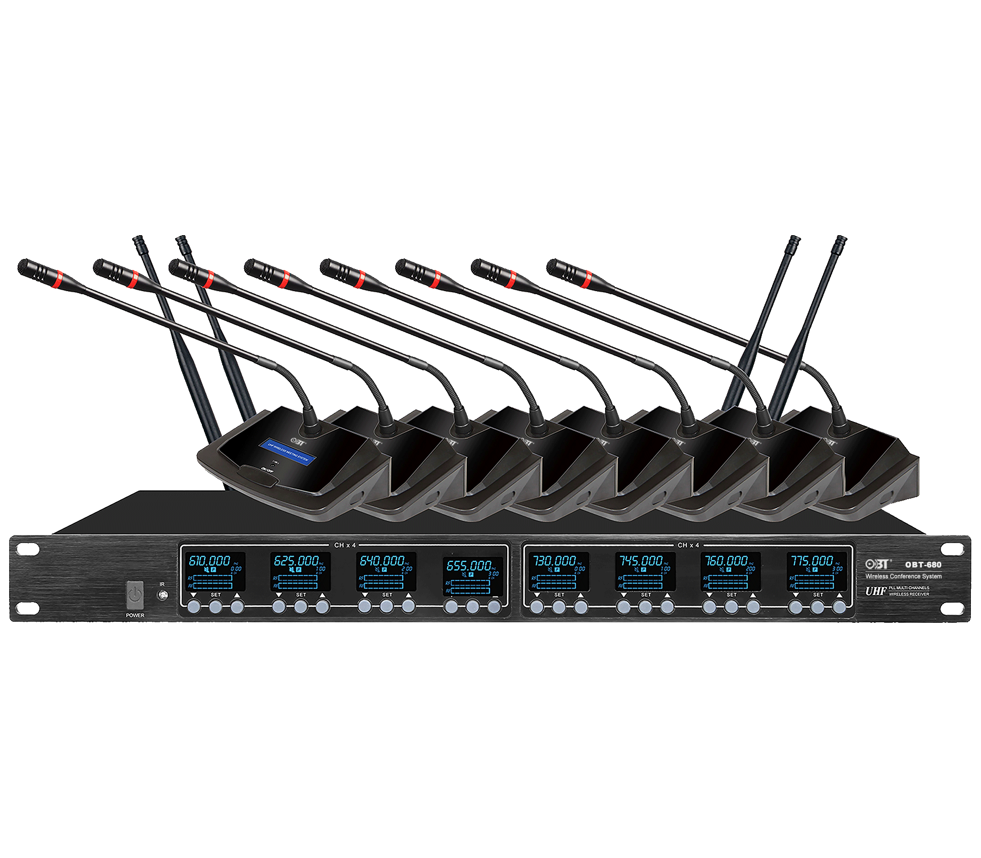 U段無(wú)線會(huì)議系統(tǒng)一拖八無(wú)線話筒套裝 OBT-680